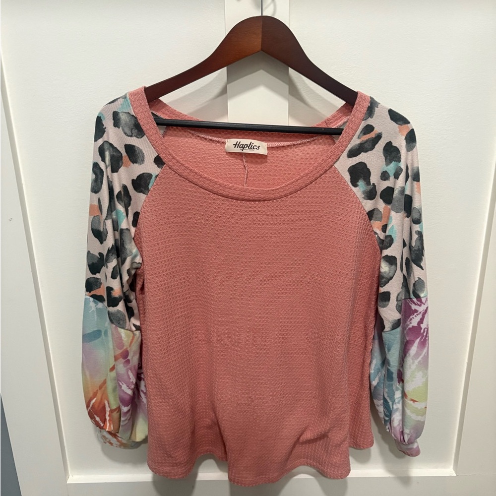 Haptics Women's Pink Sweatshirt with Multicolor Sleeves